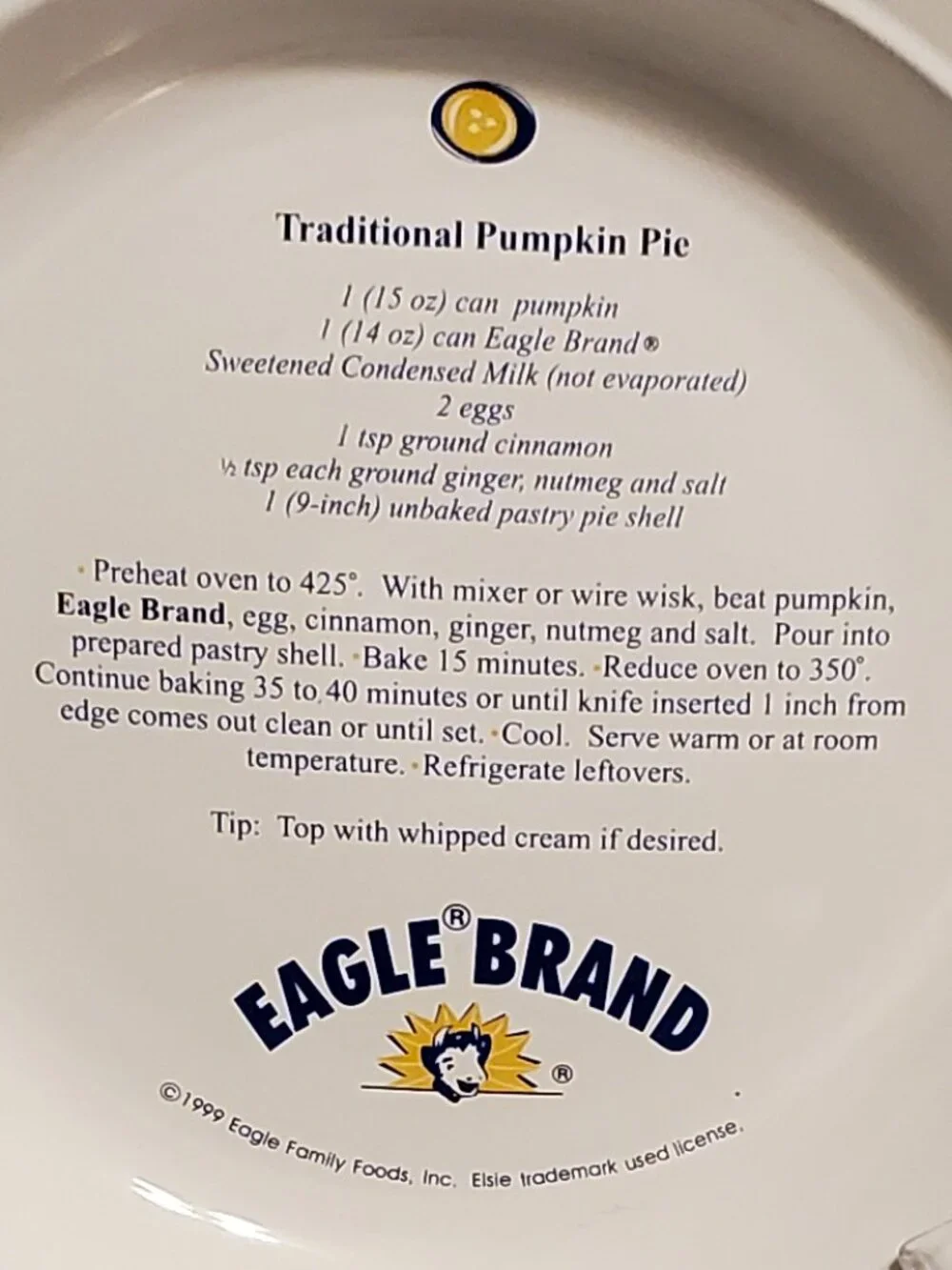 Eagle Brand 1999 Woodmere China Pumpkin Pie Plate 11